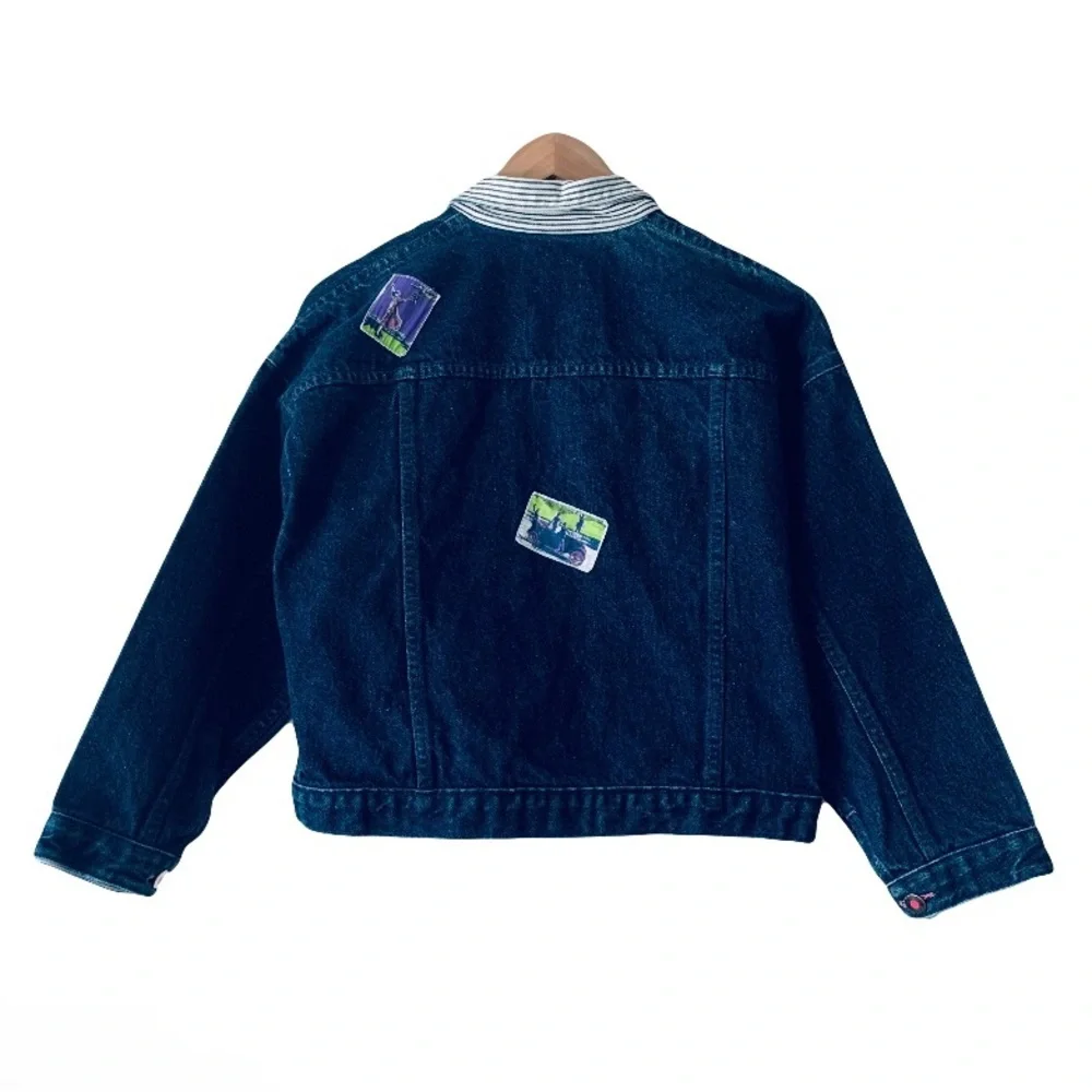 Vintage OshKosh Denim Jacket Stripe Collar Patchwork Size 12 Dark Blue Granola